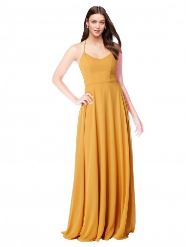 Fábrica de Chiffon Decote V Comprimento Chão Sem Mangas Açafrão Vestidos de Madrinha