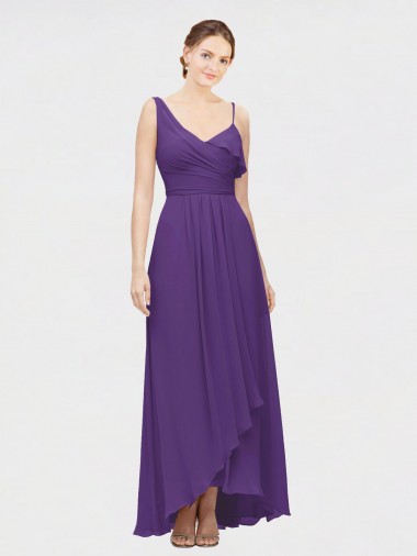 Fábrica de Chiffon Um Ombro Comprimento Chão Sem Mangas Alto Baixo, Vestidos de Madrinha