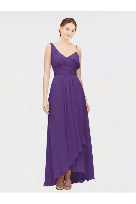 Fábrica de Chiffon Um Ombro Comprimento Chão Sem Mangas Alto Baixo, Vestidos de Madrinha