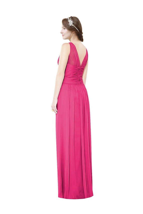 Fábrica de Costas em V Chiffon Decote V Comprimento Chão Sem Mangas Azaléia Vestidos de Madrinha