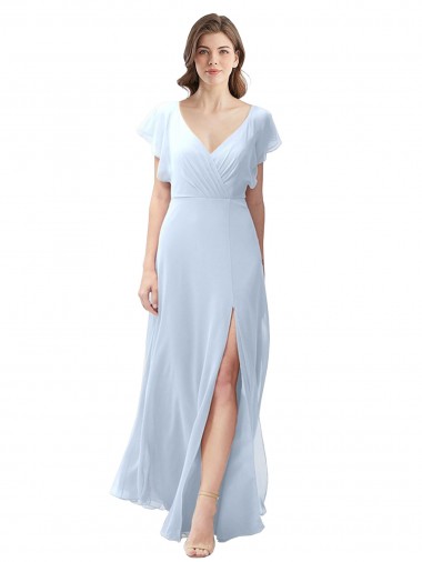 Fábrica de Abrir de volta Chiffon Decote V Comprimento Chão Mangas Esvoaçantes Longo Vestidos de Madrinha