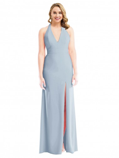 Fábrica de Abrir de volta Crepe Esticado Cabeçada Comprimento Chão Sem Mangas Vestidos de Madrinha / Vestidos de Festa