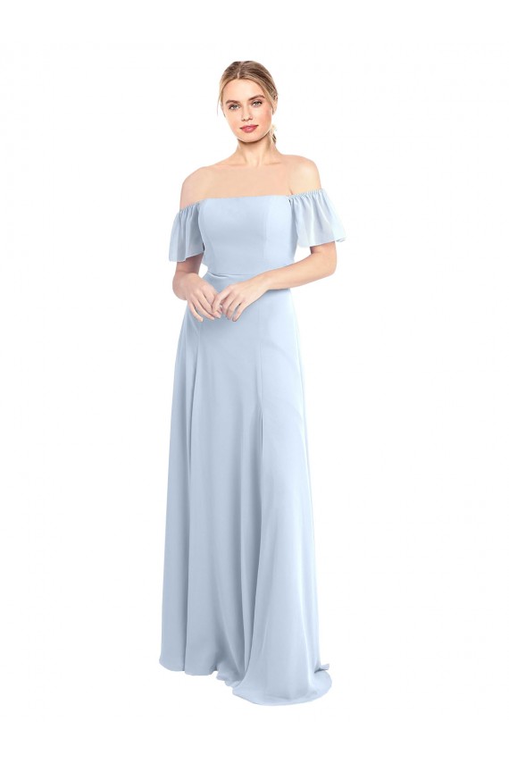 Fábrica de Costas em V Chiffon Fora do Ombro Comprimento Chão Mangas Esvoaçantes Vestidos de Madrinha