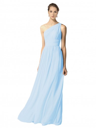 Fábrica de Chiffon Um Ombro Comprimento Chão Sem Mangas Azul Céu Claro Vestidos de Madrinha