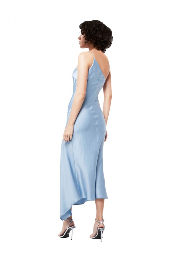 Fábrica de Cetim Sedoso Um Ombro Comprimento Midi Sem Mangas Vestidos de Madrinha / Vestidos de Noite / Vestidos de Festa