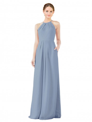 Fábrica de Buraco da fechadura Chiffon Cabeçada Comprimento Chão Sem Mangas Bainha Longo Vestidos de Madrinha