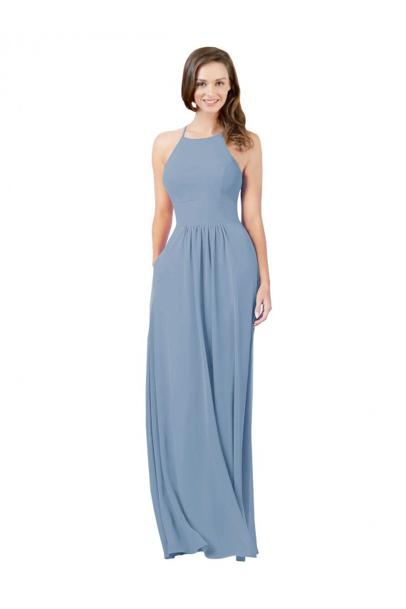 Fábrica de Buraco da fechadura Chiffon Cabeçada Comprimento Chão Sem Mangas Azul Empoeirado Vestidos de Madrinha