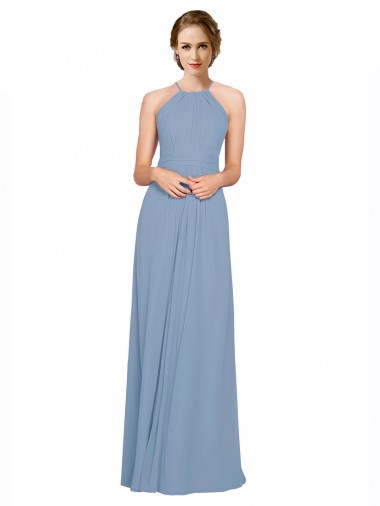 Fábrica de Criss Cruz Chiffon Cabeçada Comprimento Chão Sem Mangas Azul Empoeirado Vestidos de Madrinha