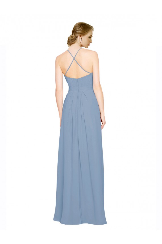 Fábrica de Criss Cruz Chiffon Cabeçada Comprimento Chão Sem Mangas Azul Empoeirado Vestidos de Madrinha