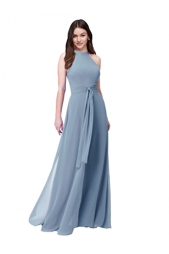 Fábrica de Chiffon Cabeçada Comprimento Chão Sem Mangas Azul Empoeirado Vestidos de Madrinha