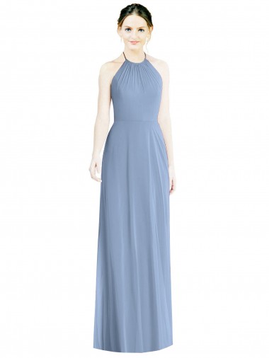 Fábrica de Lombar Chiffon Cabeçada Comprimento Chão Sem Mangas Longo Azul Empoeirado Vestidos de Madrinha