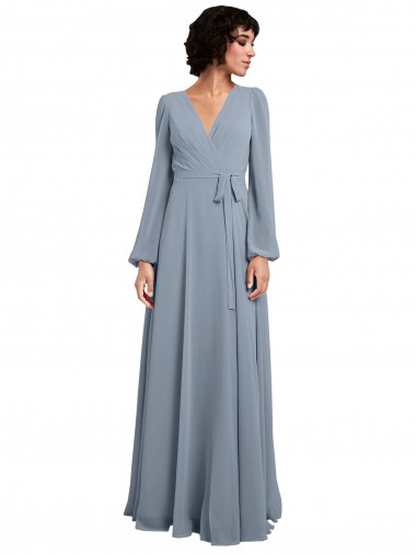 Fábrica de Chiffon Decote V Comprimento Chão Mangas Compridas Longo Vestidos de Madrinha