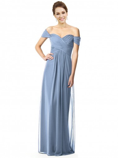 Fábrica de Chiffon Fora do Ombro Comprimento Chão Mangas Curtas Longo Vestidos de Madrinha