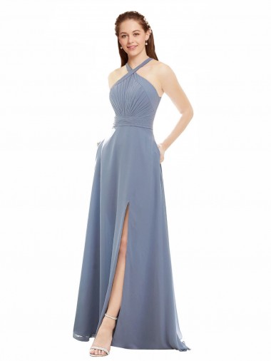 Fábrica de Chiffon Cabeçada Comprimento Chão Sem Mangas Vestidos de Festa