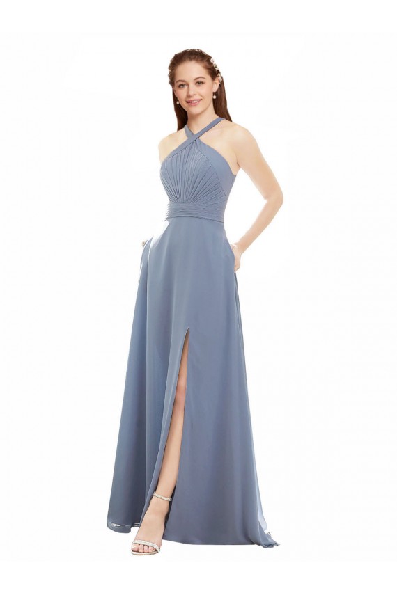 Fábrica de Chiffon Cabeçada Comprimento Chão Sem Mangas Vestidos de Festa