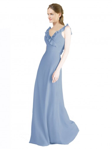 Fábrica de Abrir de volta Chiffon Decote V Comprimento Chão Sem Mangas Vestidos de Madrinha