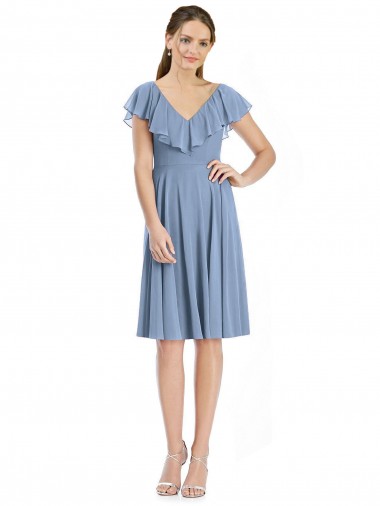 Fábrica de Costas em V Chiffon Decote V Comprimento Cocktail Mangas Curtas Vestidos de Madrinha
