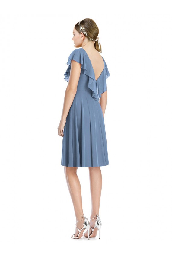 Fábrica de Costas em V Chiffon Decote V Comprimento Cocktail Mangas Curtas Vestidos de Madrinha
