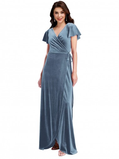 Fábrica de Veludo Elástico Decote V Comprimento Chão Mangas Esvoaçantes Longo Vestidos de Madrinha / Vestidos de Festa
