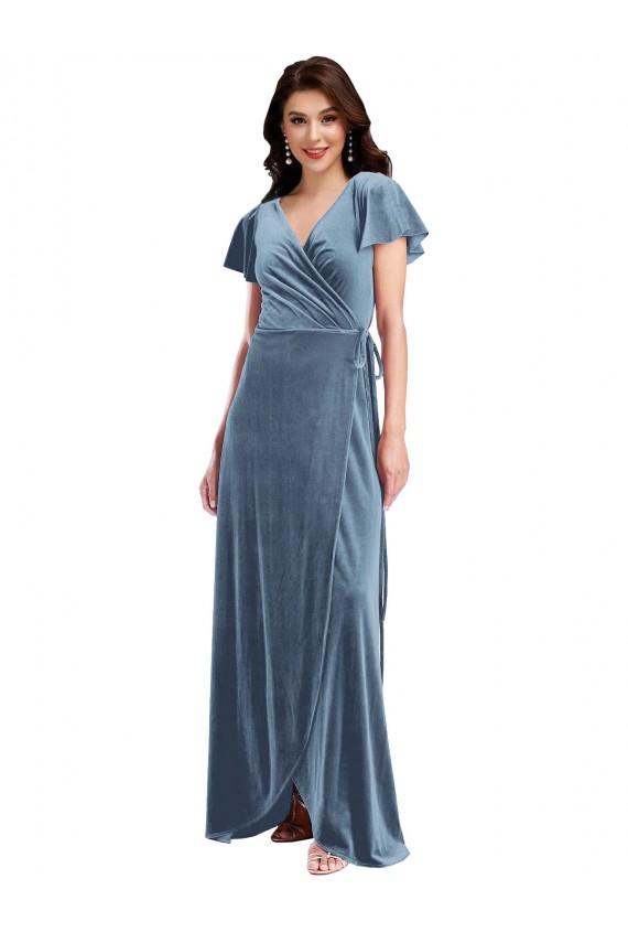 Fábrica de Veludo Elástico Decote V Comprimento Chão Mangas Esvoaçantes Longo Vestidos de Madrinha / Vestidos de Festa