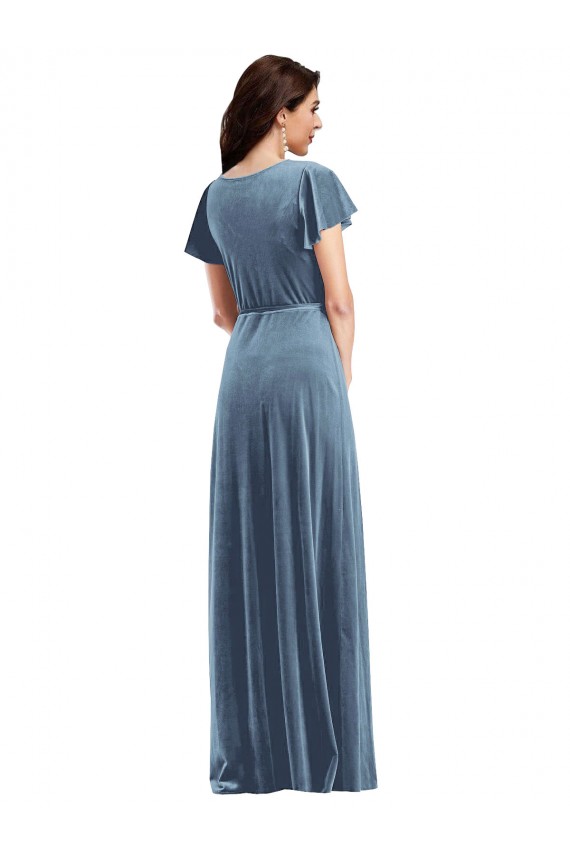 Fábrica de Veludo Elástico Decote V Comprimento Chão Mangas Esvoaçantes Longo Vestidos de Madrinha / Vestidos de Festa