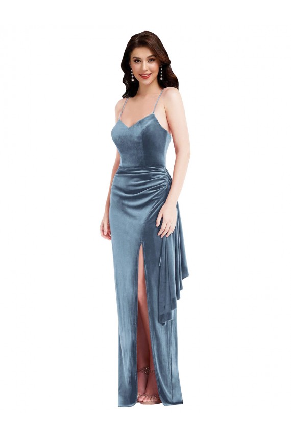 Fábrica de Lombar Veludo Elástico Alças finas Comprimento Chão Sem Mangas Longo Vestidos de Madrinha / Vestidos de Noite / Vestidos de Festa
