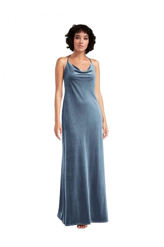 Fábrica de Costas em V Veludo Elástico Decote Capuz Comprimento Chão Sem Mangas Longo Vestidos de Madrinha / Vestidos de Festa
