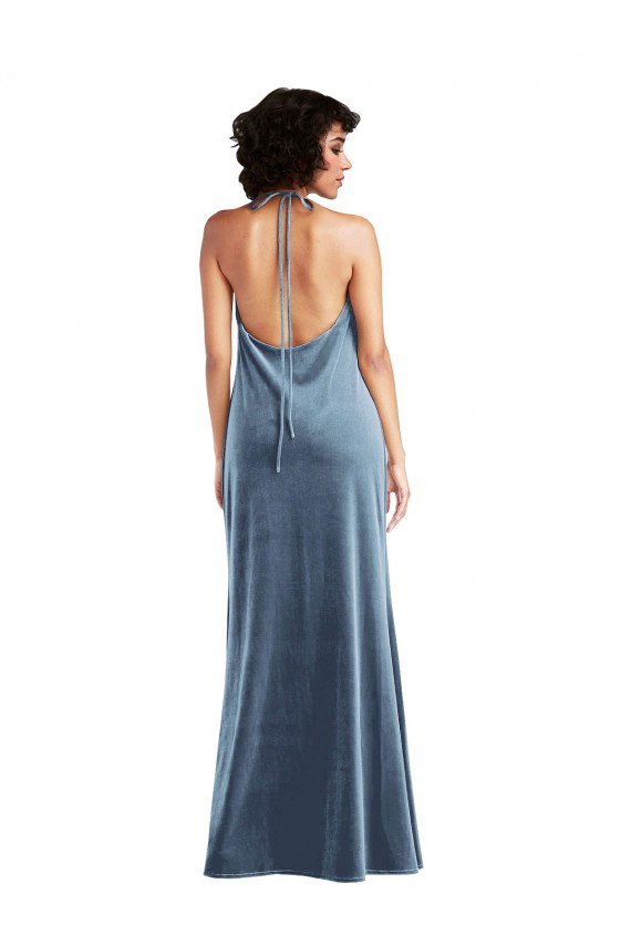 Fábrica de Costas em V Veludo Elástico Decote Capuz Comprimento Chão Sem Mangas Longo Vestidos de Madrinha / Vestidos de Festa
