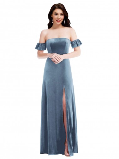 Fábrica de Lombar Veludo Elástico Fora do Ombro Comprimento Chão Mangas Folhos Vestidos de Madrinha / Vestidos de Festa