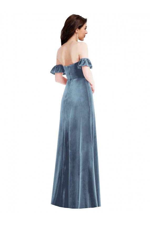 Fábrica de Lombar Veludo Elástico Fora do Ombro Comprimento Chão Mangas Folhos Vestidos de Madrinha / Vestidos de Festa