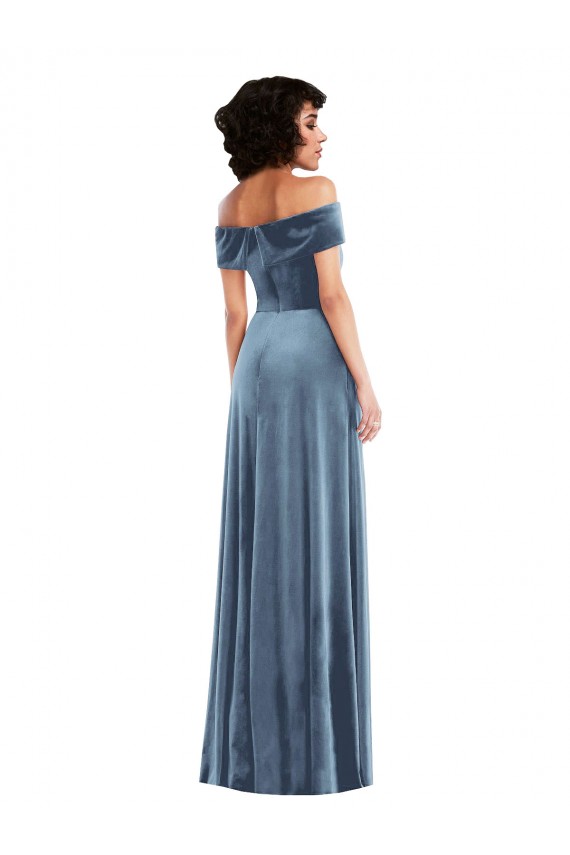 Fábrica de Veludo Elástico Fora do Ombro Comprimento Chão Sem Mangas Longo Vestidos de Madrinha / Vestidos de Festa