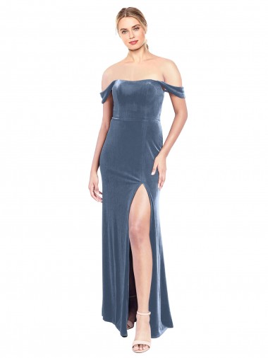 Fábrica de Veludo Elástico Fora do Ombro Comprimento Chão Sem Mangas Linha A Vestidos de Madrinha / Vestidos de Festa
