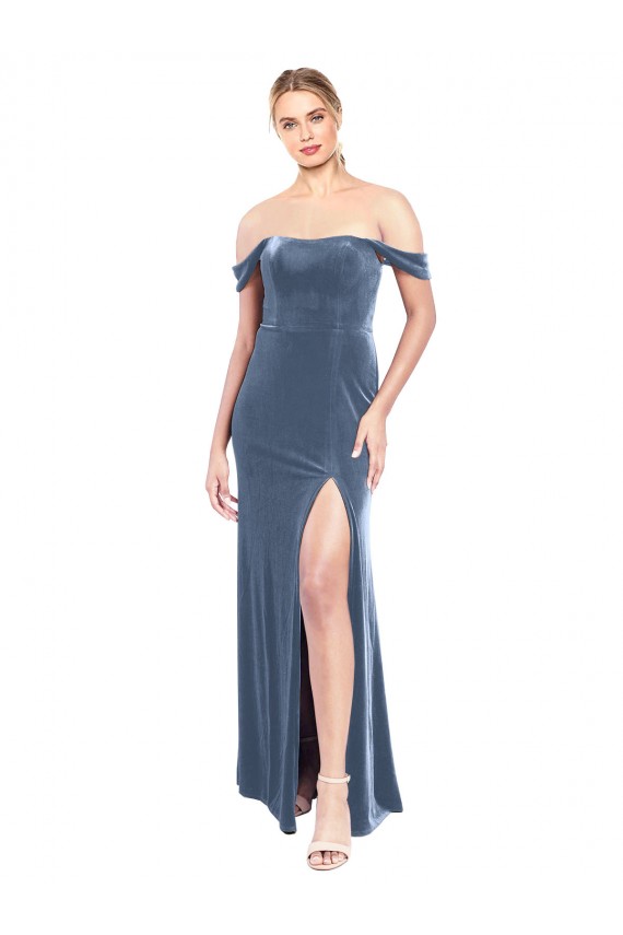 Fábrica de Veludo Elástico Fora do Ombro Comprimento Chão Sem Mangas Linha A Vestidos de Madrinha / Vestidos de Festa