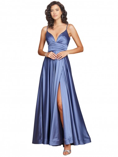 Fábrica de Lombar Cetim Sedoso Alças finas Comprimento Chão Sem Mangas Azul Francês Vestidos de Madrinha / Vestidos de Noite / Vestidos de Festa