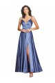 Fábrica de Lombar Cetim Sedoso Alças finas Comprimento Chão Sem Mangas Azul Francês Vestidos de Madrinha / Vestidos de Noite / Vestidos de Festa