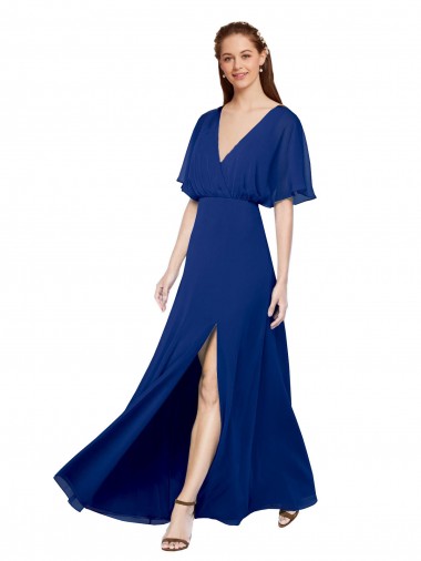 Fábrica de Abrir de volta Chiffon Decote V Comprimento Chão Mangas Esvoaçantes Vestidos de Madrinha
