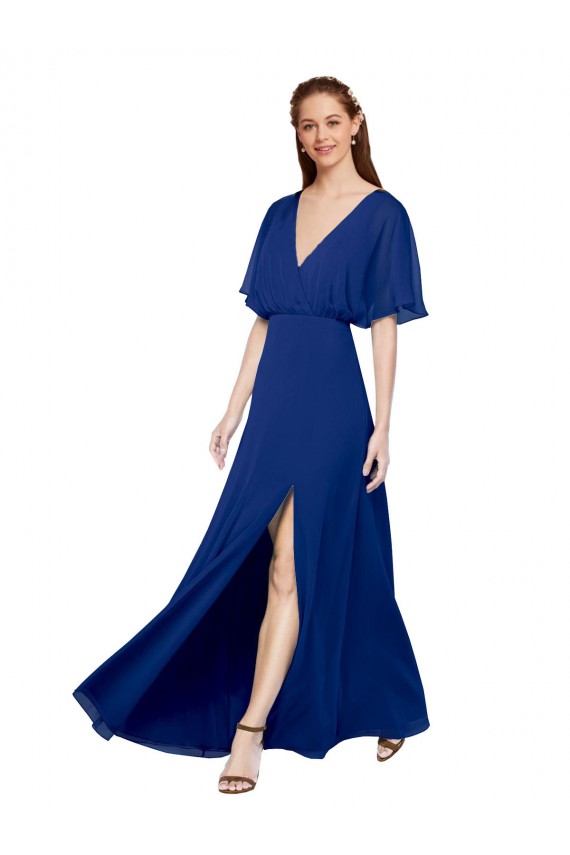 Fábrica de Abrir de volta Chiffon Decote V Comprimento Chão Mangas Esvoaçantes Vestidos de Madrinha
