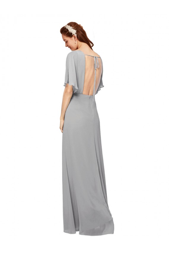 Fábrica de Abrir de volta Chiffon Decote V Comprimento Chão Mangas Esvoaçantes Vestidos de Madrinha