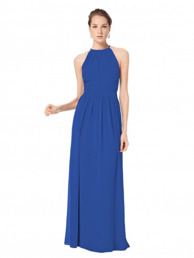 Fábrica de Buraco da fechadura Chiffon Cabeçada Comprimento Chão Sem Mangas Longo Azul Real Vestidos de Madrinha