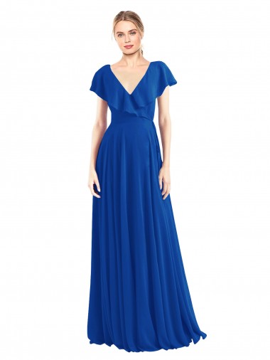Fábrica de Costas em V Chiffon Decote V Comprimento Chão Mangas Esvoaçantes Longo Azul Real Vestidos de Madrinha