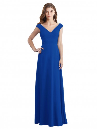 Fábrica de Chiffon Decote V Comprimento Chão Sem Mangas Azul Real Vestidos de Madrinha