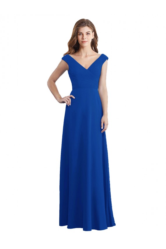 Fábrica de Chiffon Decote V Comprimento Chão Sem Mangas Azul Real Vestidos de Madrinha
