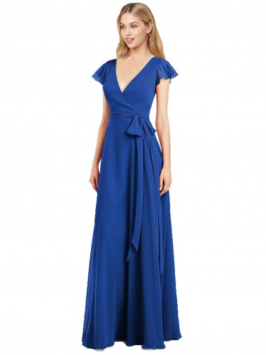 Fábrica de Chiffon Decote V Comprimento Chão Mangas Esvoaçantes Vestidos de Madrinha