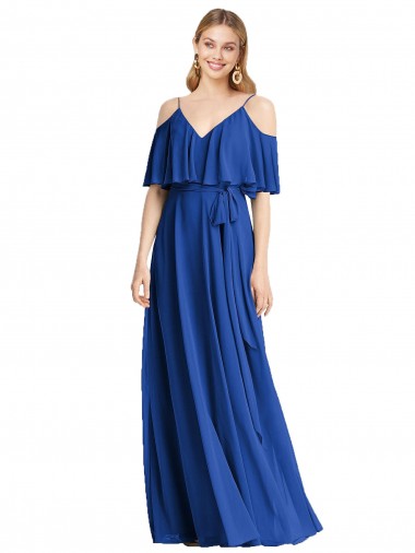 Fábrica de Chiffon Alças finas Comprimento Chão Ombro Frio Linha A Longo Vestidos de Madrinha