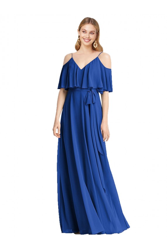 Fábrica de Chiffon Alças finas Comprimento Chão Ombro Frio Linha A Longo Vestidos de Madrinha