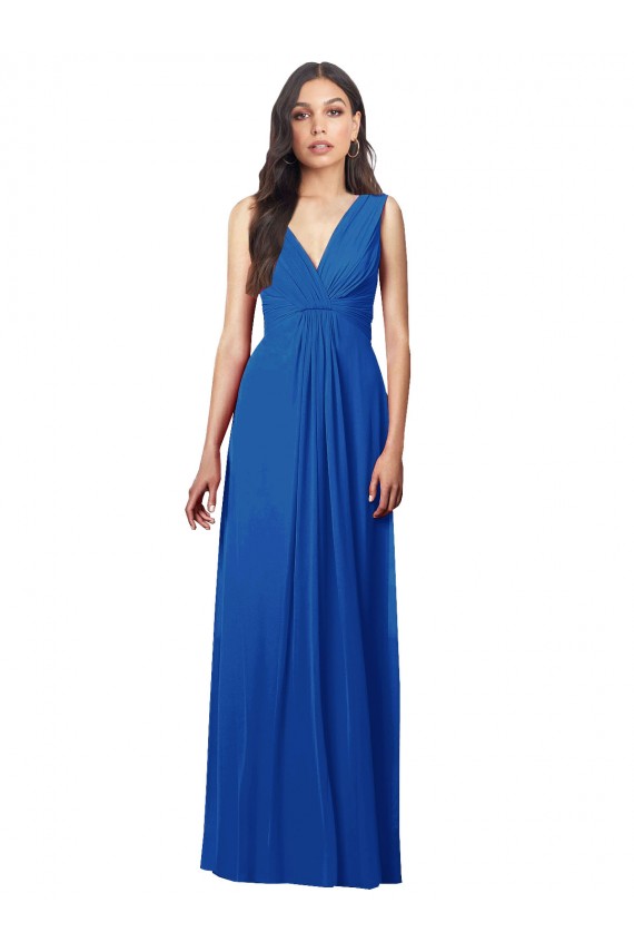 Fábrica de Costas em V Chiffon Decote V Comprimento Chão Sem Mangas Azul Real Vestidos de Madrinha