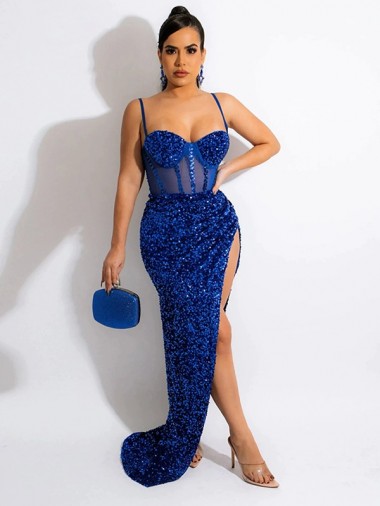 Fábrica de Lantejoulas Veludo Alças finas Comboio Varredela Sem Mangas Vestido de Festa / Vestido de Noiva