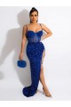 Fábrica de Lantejoulas Veludo Alças finas Comboio Varredela Sem Mangas Vestido de Festa / Vestido de Noiva