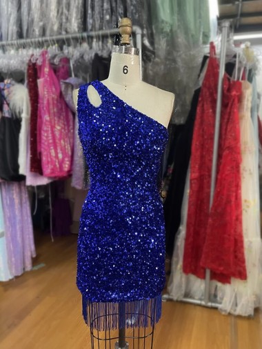 Fábrica de Lantejoulas Veludo Um Ombro Curto Sem Mangas Vestidos de Festa