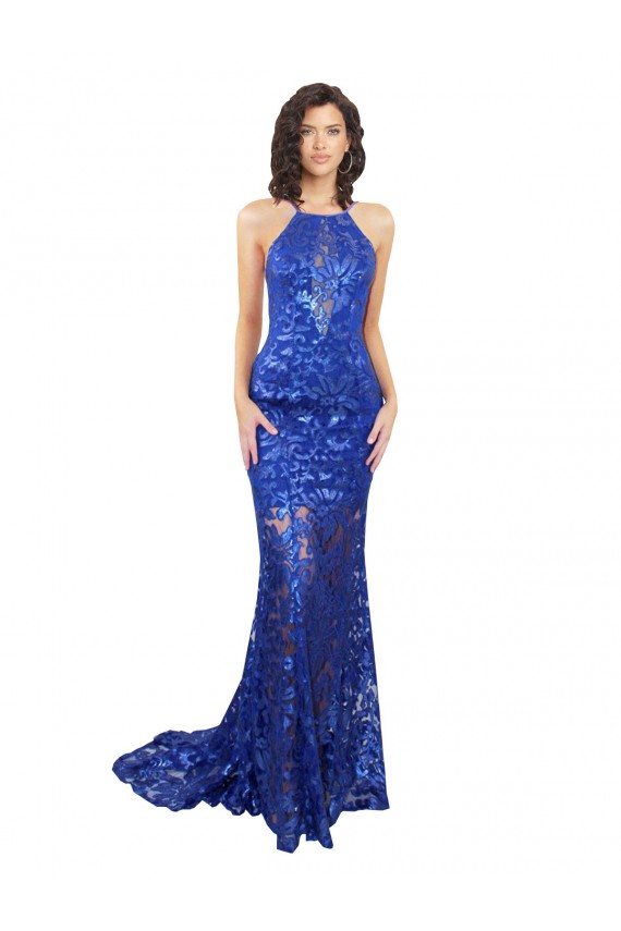 Fábrica de Abrir de volta Renda Decote Alto Comprimento Chão Sem Mangas Vestidos de Madrinha / Vestidos de Festa